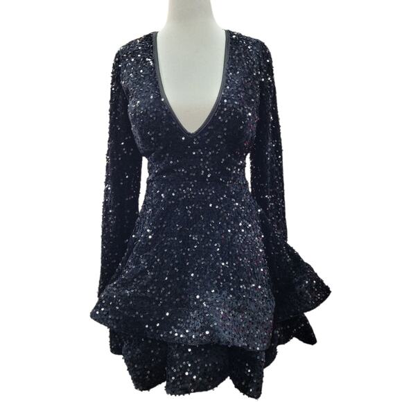 NWT Black Sequin Short Dress Long Sleeves Open Corset Back - Picture 1 of 10